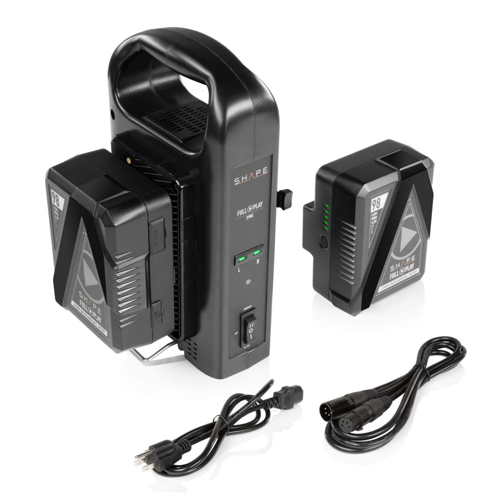 Two FULL PLAY 14.8 V 98 WH rechargeable lithium-ion gold-mount batteries with FULL PLAY intelligent dual gold-mount battery charger 01_SHAPE_Full_Play_Rechargeable_Batteries_98_Wh_Gold_Mount__2__with_SHAPE_Full_Play_Intelligent_Dual_Battery_Charger