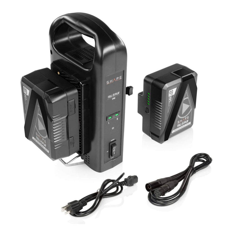 Two FULL PLAY 14.8 V 98 WH rechargeable lithium-ion gold-mount batteries with FULL PLAY intelligent dual gold-mount battery charger 01_SHAPE_Full_Play_Rechargeable_Batteries_98_Wh_Gold_Mount__2__with_SHAPE_Full_Play_Intelligent_Dual_Battery_Charger