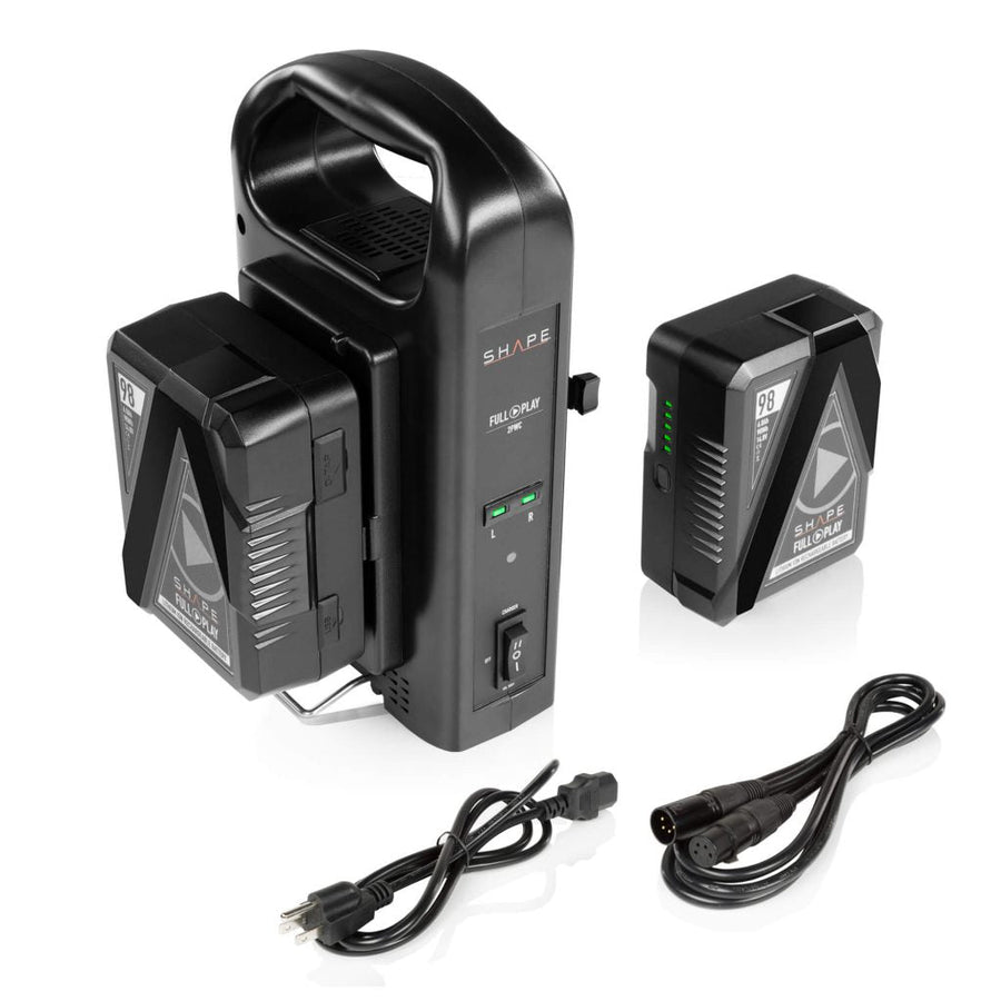 Two FULL PLAY 14.8 V 98 WH rechargeable lithium-ion V-mount batteries with FULL PLAY intelligent dual V-mount battery charger 01_SHAPE_Full_Play_Rechargeable_Batteries_98_Wh_V-Mount__2__with_SHAPE_Full_Play_Intelligent_Dual_Battery_Charger