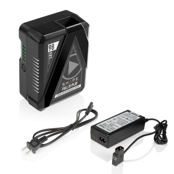 One FULL PLAY14.8 V 98 WH rechargeable lithium-ion V-mount battery with FULL PLAY portable d-tap travel battery charger