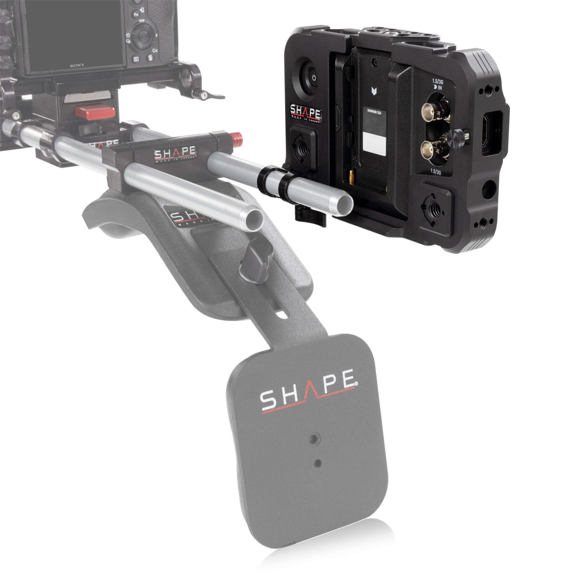 Atomos Shinobi monitor with 15 mm LWS swivel rod clamp 05_SHAPE_Monitor_Cage_with_Swivel_Rod_Clamp_for_Atomos_Shinobi