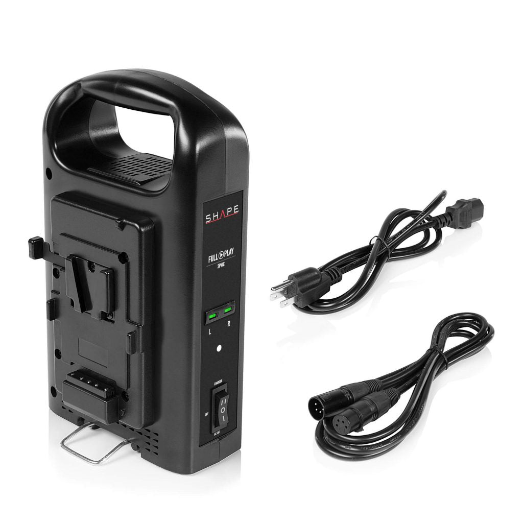 Two FULL PLAY 14.8 V 98 WH rechargeable lithium-ion V-mount batteries with FULL PLAY intelligent dual V-mount battery charger 11_SHAPE_Full_Play_Rechargeable_Batteries_98_Wh_V-Mount__2__with_SHAPE_Full_Play_Intelligent_Dual_Battery_Charger