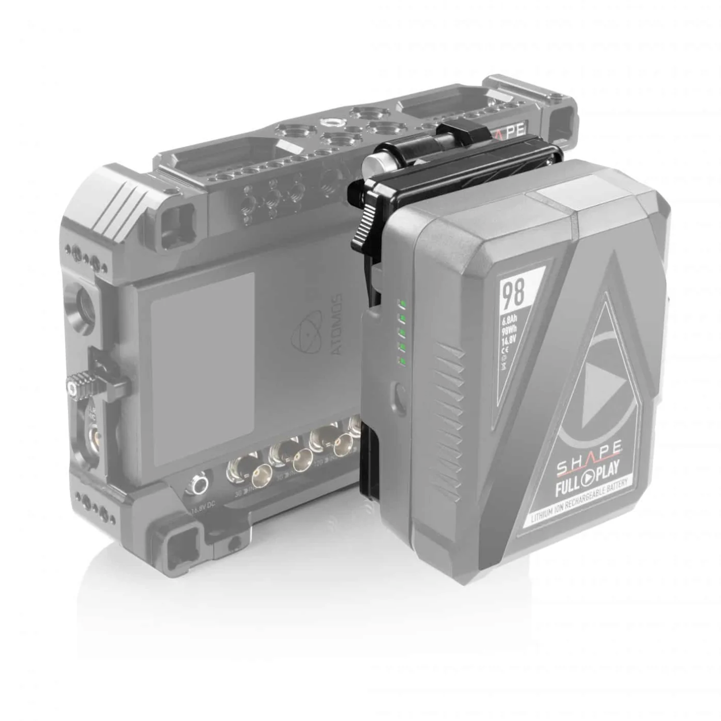 V-mount pivoting battery plate for monitor cage